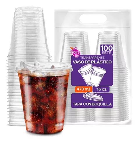 100 Vasos De Plastico Berry Bloom De 16 Oz 473 Ml Con Tapa Con