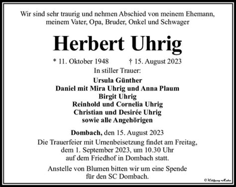 Traueranzeigen Von Herbert Uhrig Vrm Trauer De