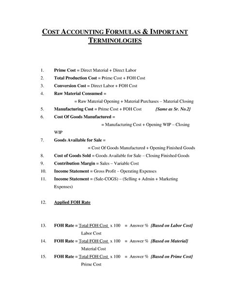 Cost Accounting Formula S Cost Accounting Formulas And Important