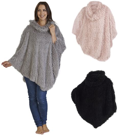 Slenderella Womens Mongolian Faux Fur Poncho Ladies Cowl Neck Fluffy