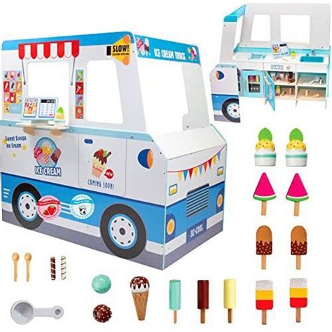 Ice Cream Truck Wooden Playset, 20 Fun Toy Pieces Including Freezer ...