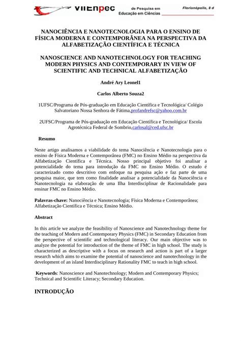 Pdf Nanoci Ncia E Nanotecnologia Para O Ensino De F Sica Moderna