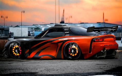 Download Wallpapers Mazda Rx 7 Supercars Tuning Orange Rx 7 Japanese Cars Stance Mazda Rx7