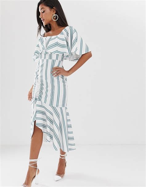 Asos Design Square Neck Striped Midi Dress With Ruched Skirt And Pep