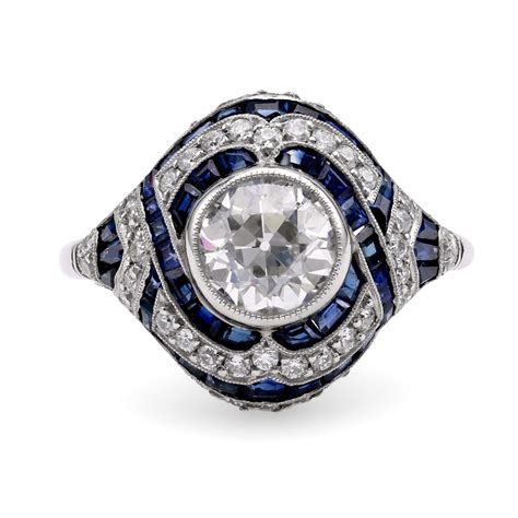 Art Deco Inspired Diamond Sapphire Platinum Ring For Sale At 1stdibs