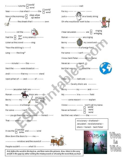 Viva La Vida By Coldplay Esl Lesson Worksheet