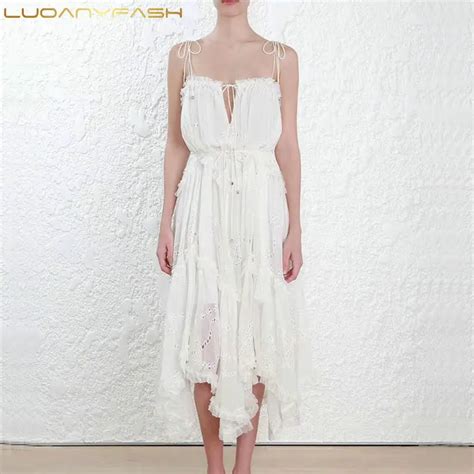 White Spaghetti Strap Dresses Women Sleeveless Ruffle Lace Up