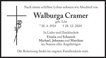 Traueranzeigen Von Walburga Cramer Sz Gedenken De