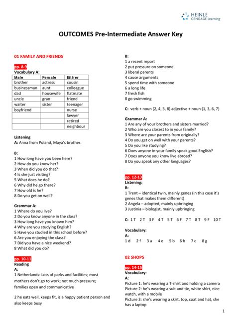Outcomes Pre Intermediate Answer Key