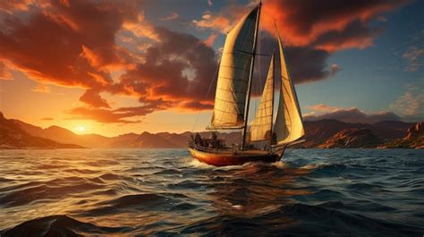 Ilustra O De Um Barco Navegando No Oceano Ao P R Do Sol Nuvens No