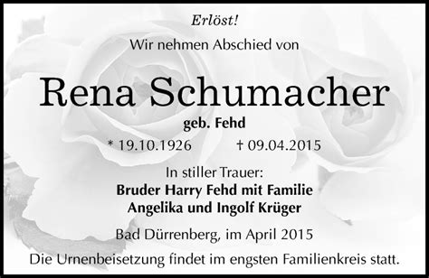 Traueranzeigen Von Rena Schumacher Abschied Nehmen De