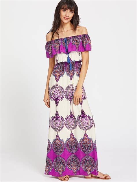 SHEIN Aztec Print Flounce Layered Neckline Tassel Tie Dress Dress