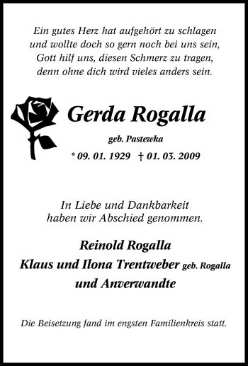 Traueranzeigen Von Gerda Rogalla Trauer In NRW De