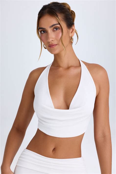 Sonia Cowl Front Halterneck Crop Top In White Oh Polly