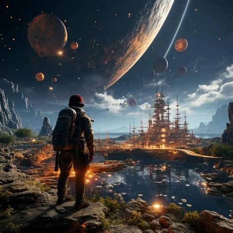 Premium Ai Image A Man Stands In Front Of A Ship With The Planet In