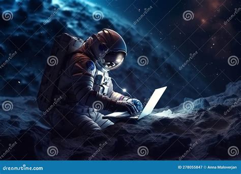 An Astronaut Works On His Laptop In Space Stock Illustration