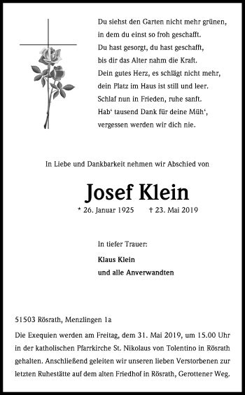 Traueranzeigen Von Josef Klein Wirtrauern