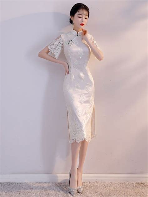 White Lace Mid Qipao Cheongsam Part Dress With Bell Sleeve Cozyladywear Chinese Prom Dress