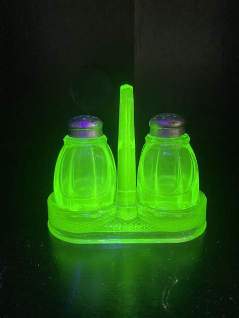 Antique Vintage Green Uranium Vaseline Glass Salt And Pepper Shakers W Caddy For Sale In San