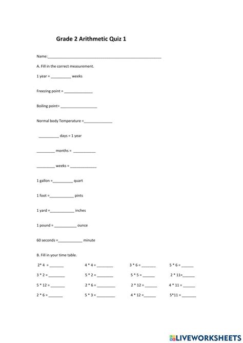 Grade 2 Math Quiz Worksheet Live Worksheets