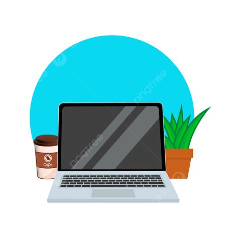 Gambar Laptop Dengan Ilustrasi Vektor Kopi Dan Tanaman Laptop Kopi