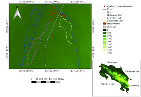 Map of Quebrada González sector Braulio Carrillo National Park Costa