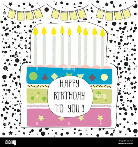 Cute Happy Birthday Party Card With Cake And Candles Vector Illustration Stock Vector Image