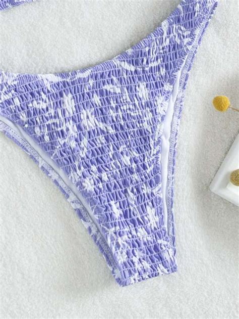 SHEIN Swim Mod Random Floral Print Bikini Set Smocked Wireless Bra Top Bikini Bottom 2 Piece