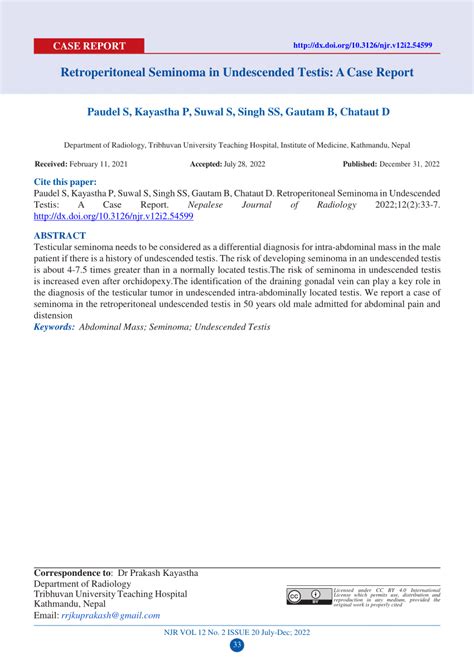 Pdf Retroperitoneal Seminoma In Undescended Testis A Case Report