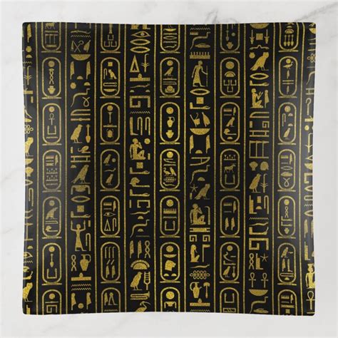 Egyptian Ancient Gold hieroglyphs on black Trinket Tray | Zazzle ...