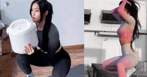 Hot girl Gym Trang Trit vòng ba cm dùng nồi cơm điện thay tạ tập ở nhà mùa dịch