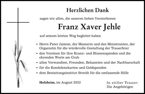 Traueranzeigen Von Franz Xaver Jehle Augsburger Allgemeine Zeitung