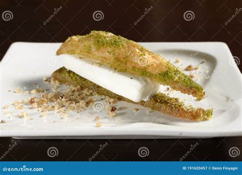 Flaky Turkish Baklava With Ice Cream Triangular In Shape Stock Image