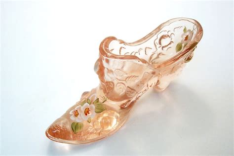 Pale Pink Fenton Glass Slipper Shoe Handpainted Flowers Signed