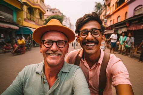 Premium Ai Image Gay Couple Happy Expression Traveler Concept Ai Generated