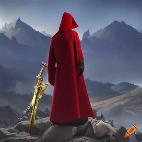 Artwork Of A Red Cloaked Man With Golden Swords In A Fiery Landscape