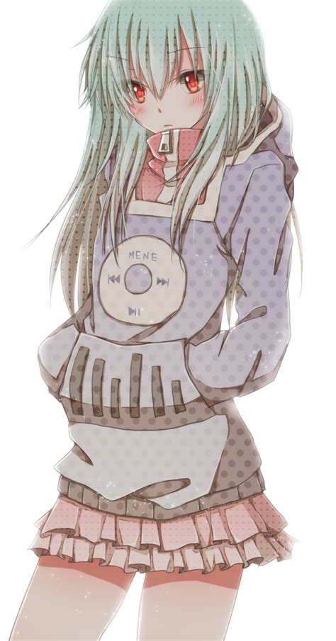 Safebooru 1girl Blush Flat Chest Green Hair Hands In Sleeves Hiro