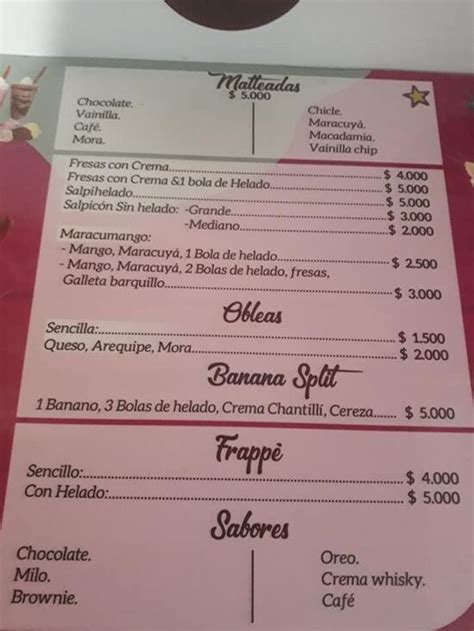 Carta Del Restaurante Wonka Ice Cream Piedecuesta