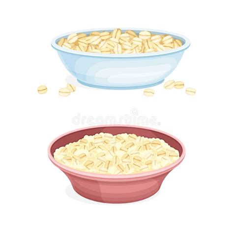 Oatmeal As Whole Grain Food With Rolled Oats In Deep Bowl Vector Set