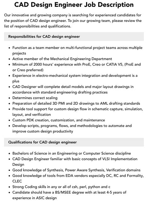 CAD Design Engineer Job Description Velvet Jobs