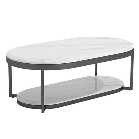 Tiered Modern Marble Coffee Table Black White With Shelf Metal