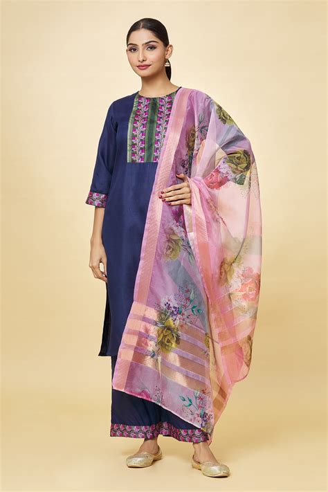 Buy Blue Kurta And Pant Cotton Blend Woven Stripe Round Flower