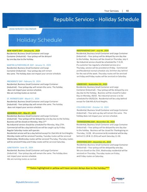 Republic Service Holiday Schedule 2024 Revised 1/25/24 – Village Of Alsip