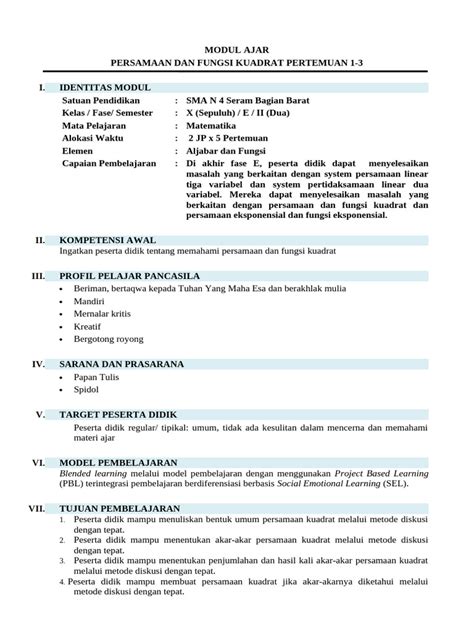 Modul Persamaan Dan Fungsi Kuadrat 1 3 Pertemuan Pdf