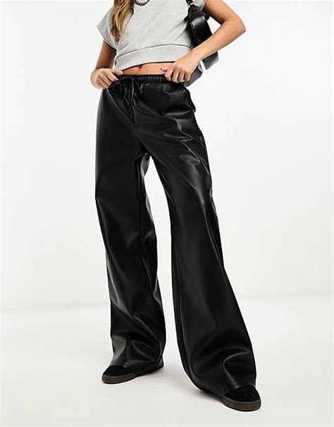 Stradivarius Faux Leather Wide Leg Jogger In Black Asos