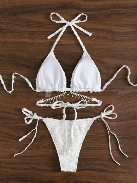Shein Sxy Textured Bikini Set Rhinestone Fringe Triangle Bra Top Tie