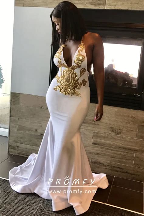 Gold Sequin White Spandex Halter Mermaid Prom Dress Promfy