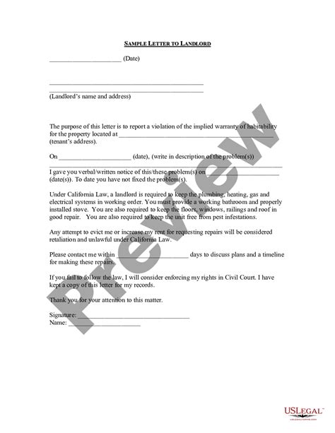 California Sample Letter To Landlord To Report Violation Of Implied Warranty Of Habitability