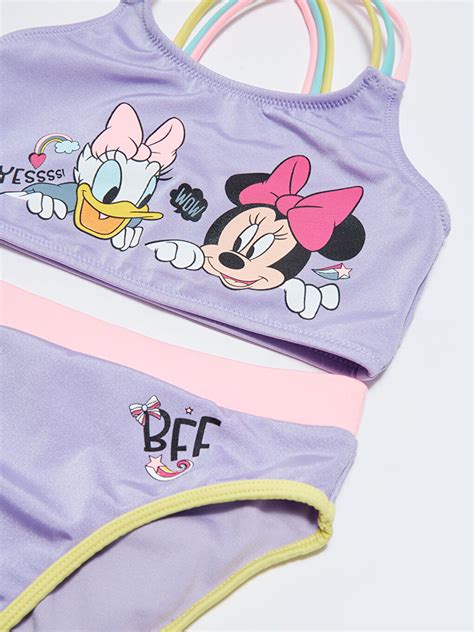 LİLA Esnek Kumaştan Minnie Mouse ve Daisy Duck Baskılı Kız Çocuk Bikini S Z FKW LCW