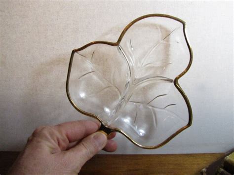 Vintage Clear Glass Divided Leaf Shaped Dish With Gold Accent Etsy